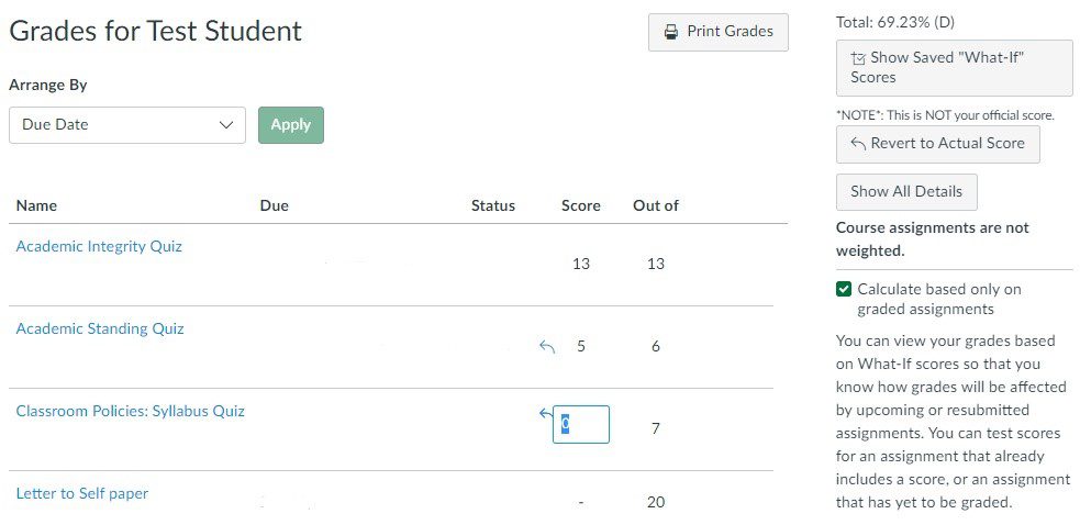 Screenshot of Grades section of Canvas showing an unsatisfactory midterm grade of "D" and multiple assignments in a list. 
